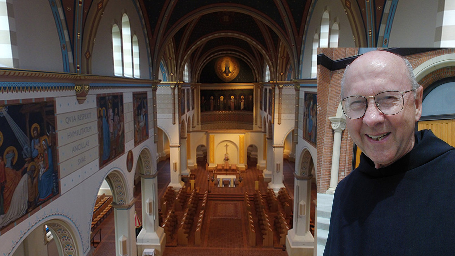 INSET PHOTO: Benedictine Father Kenneth Reichert stands outside the Basilica of the Immaculate Conception at Conception Abbey in Conception, Missouri, in this June 2003 photo, taken a year after two monks were killed and Fr. Reichert and another monk were seriously wounded in a shooting at the monastery. MAIN PHOTO: The Basilica of the Immaculate Conception at Conception Abbey in Conception, Missouri.